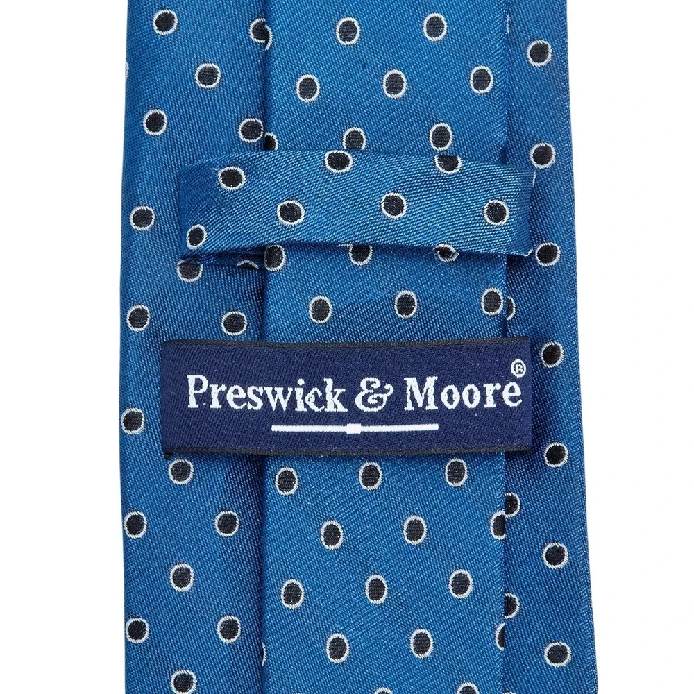Preswick & Moore Mens 100% Silk Necktie‎ Designer Long Blue Polka Dot